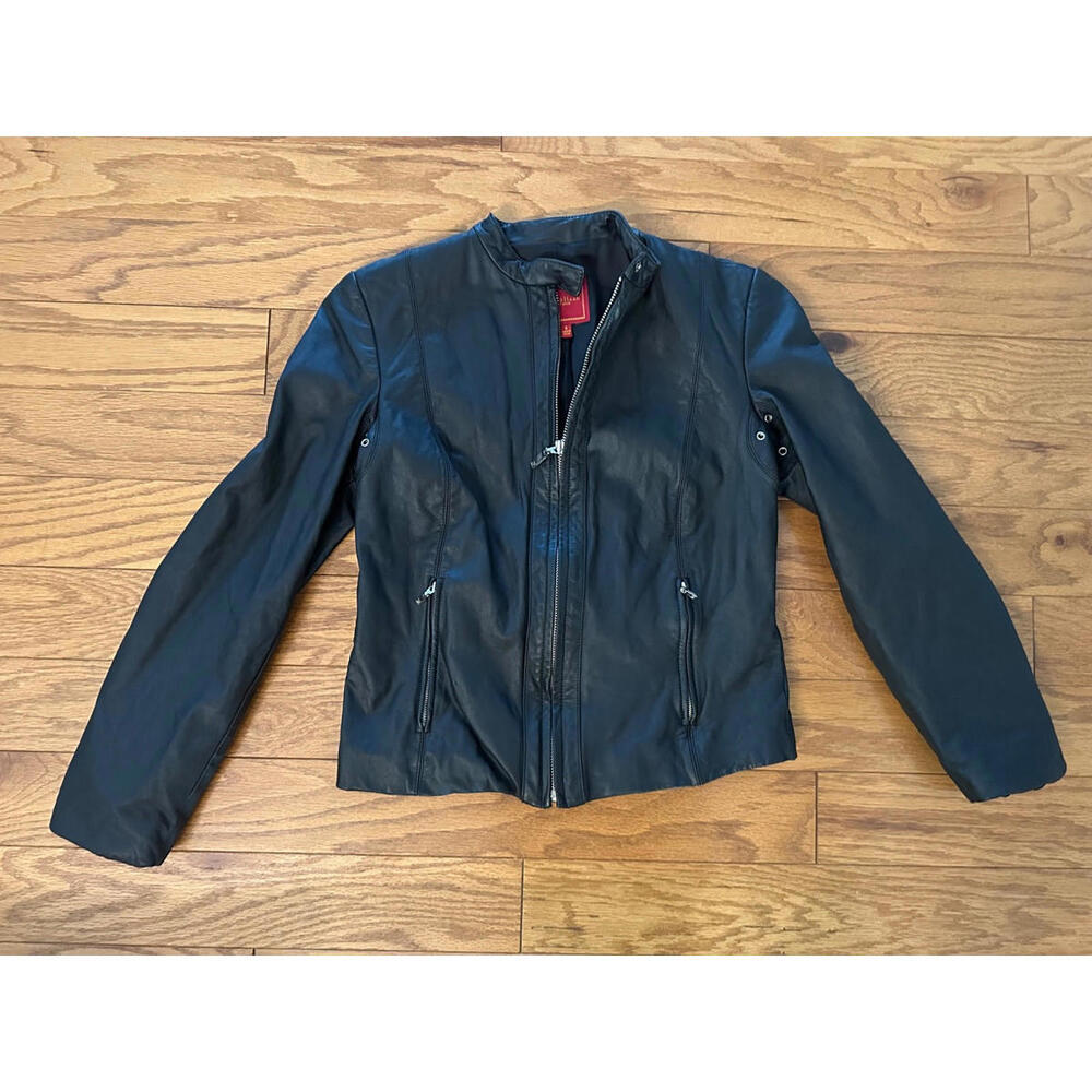 Cole Haan Black Soft Calf Skin Leather Women's Size Small Zip Pocket Coat Jacket